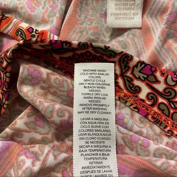 Chico’s Dress Orange and Pink Pattered Midi Key Hole Front Looose Style Size 1 - Picture 9 of 10